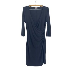 VTG 90s Charlotte Russe Black V Neck Ruched Faux Wrap Midi Dress 3/4 Slinky Chic